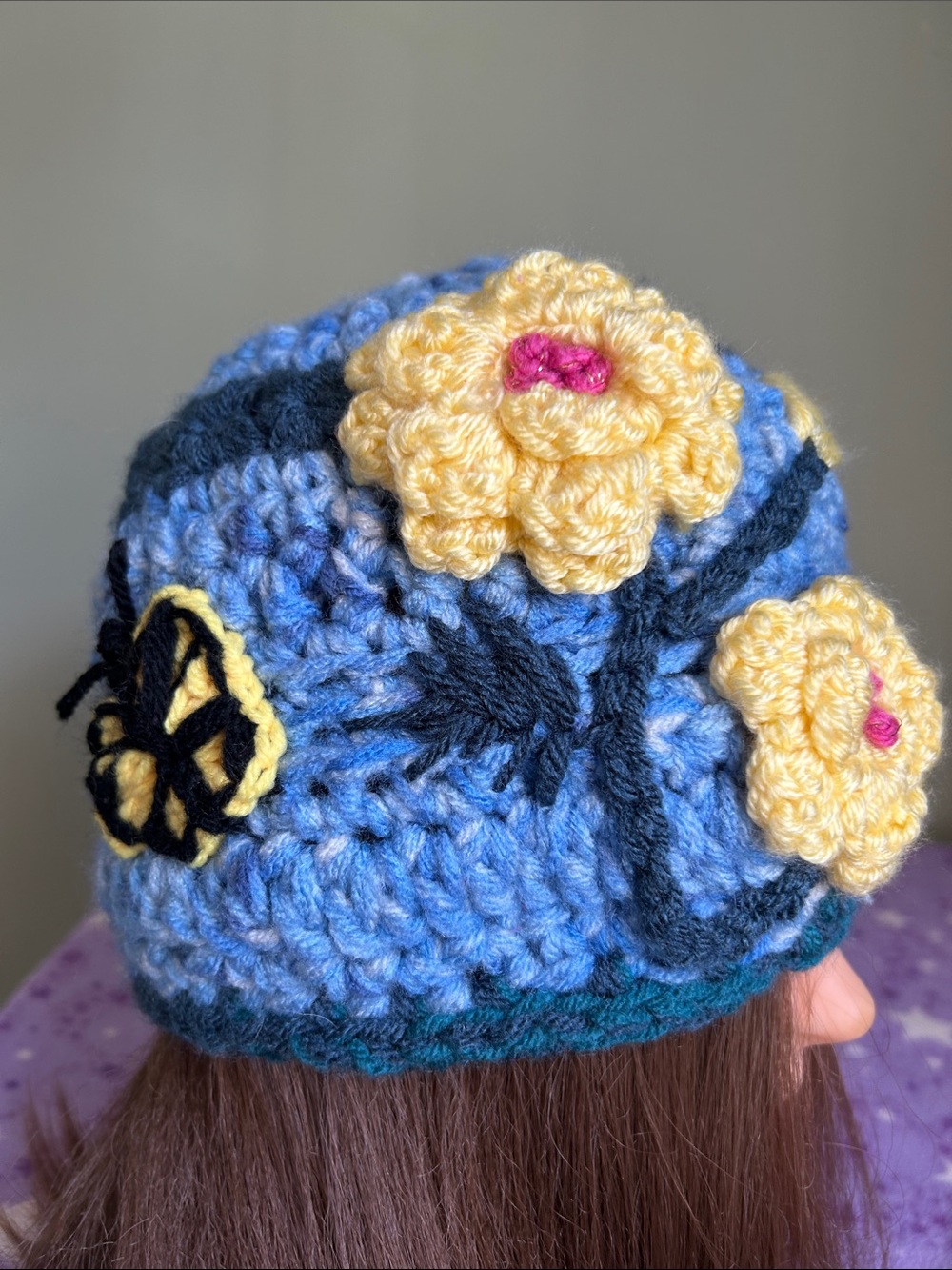 Crochet marigold flower beanie soft acrylic yarn new cute - Picture 2 of 10